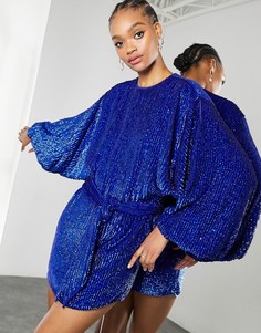 Ярко-синее платье мини с пайетками и очень пышными рукавами ASOS EDITION-Голубой