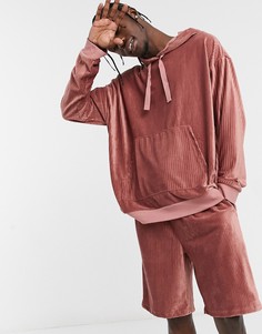 Велюровая пижама с худи и шортами в рубчик ASOS DESIGN-Розовый цвет