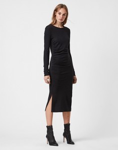 Черное трикотажное платье миди с длинными рукавами AllSaints Rina-Черный