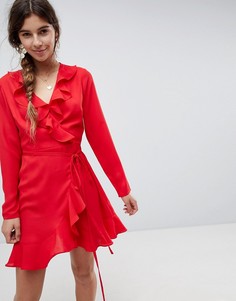 Платье мини с запахом и оборками ASOS-Красный