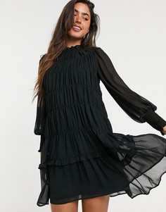 Черное шифоновое платье мини с ярусной юбкой и высоким воротом Vero Moda-Черный цвет