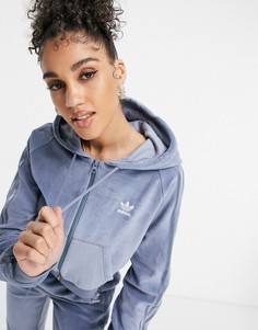Велюровый худи синего цвета на молнии adidas Originals "Relaxed Risqué"-Голубой