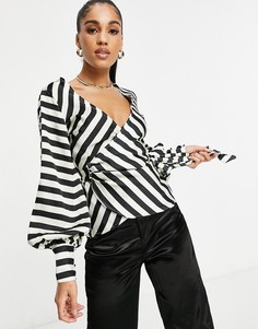 Атласный топ в монохромную полоску с запахом ASOS DESIGN-Многоцветный