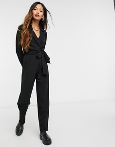 Черный креповый комбинезон в стиле смокинга с длинными рукавами ASOS DESIGN-Черный цвет