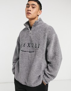 Плюшевый oversized-свитшот с короткой молнией и вышитыми римскими цифрами ASOS DESIGN-Серый