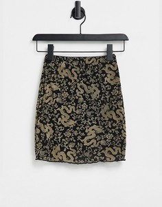 Облегающая юбка мини из набивного флока с принтом в виде драконов Motel-Черный цвет