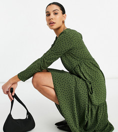 Ярусное свободное платье миди цвета хаки в горошек с длинными рукавами ASOS DESIGN Tall-Многоцветный