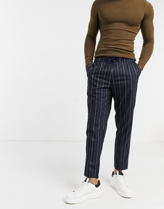 Темно-синие строгие брюки в тонкую полоску с эластичным поясом New Look-Темно-синий