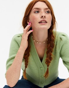 Зеленый кардиган с объемными рукавами Monki Puffy