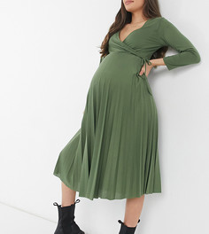 Плиссированное платье миди цвета хаки с запахом и длинными рукавами ASOS DESIGN Maternity-Зеленый цвет