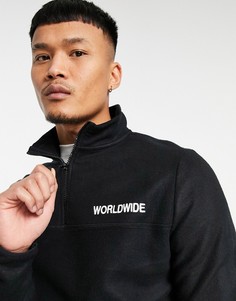 Черный свитшот из плотного флиса с короткой молнией и принтом "Worldwide" ASOS DESIGN-Черный цвет
