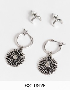 Комплект серебристых сережек с луной и звездами Reclaimed Vintage Inspired-Серебристый