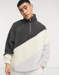 Oversized-свитшот из пушистого искусственного меха на короткой молнии с диагональным узором колор блок ASOS DESIGN-Многоцветный