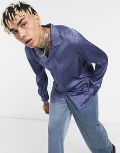 Темно-бирюзовая атласная рубашка с отложным воротником ASOS DESIGN-Голубой