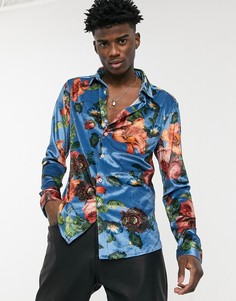 Синяя зауженная бархатная рубашка с цветочным узором ASOS DESIGN-Голубой