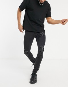 Черные зауженные джинсы со вставками на коленях Sixth June-Черный цвет