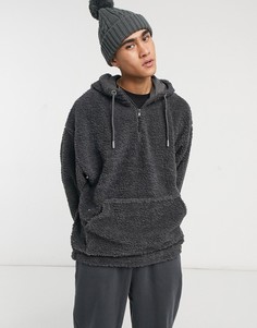 Черное выбеленное oversized-худи из искусственного меха с короткой молнией и воротником-трубой ASOS DESIGN-Серый