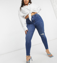 Сине-голубые зауженные джинсы с потертостями River Island Plus Molly-Голубой