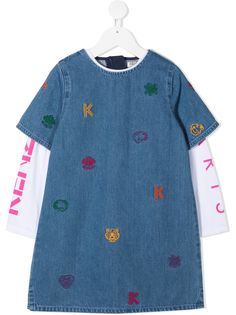 Kenzo Kids многослойное джинсовое платье с вышивкой