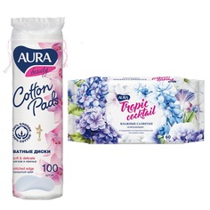 Влажные салфетки освежающие AURA TROPIC COCKTAIL 60шт + Ватные диски AURA BEAUTY 100шт.