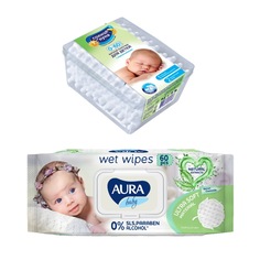 Влажные салфетки детские 0+ AURA BABY 60шт + Ватные палочки СОЛНЦЕ И ЛУНА 60шт.