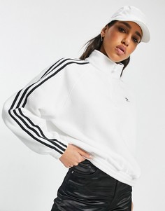 Белый флисовый свитшот на короткой молнии с тремя полосками adidas Originals adicolor