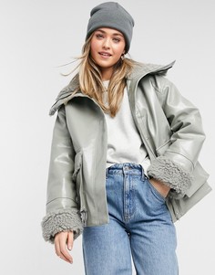 Шалфейно-зеленая куртка из искусственной кожи на меховой подкладке ASOS DESIGN-Многоцветный