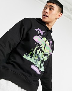 Худи черного цвета в стиле oversized с логотипом и принтом синей молнии-змеи Night Addict-Черный цвет