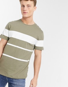 Футболка цвета хаки с полосками в стиле колор блок Burton Menswear-Зеленый цвет