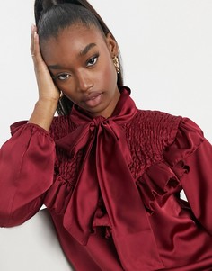 Атласная рубашка ягодного цвета с оборками и завязкой на воротнике Femme Luxe-Сиреневый