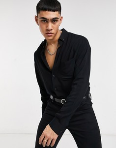 Черная рубашка в стиле oversized из вискозы с воротником с пуговицами ASOS DESIGN-Черный цвет
