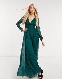 Платье макси с присборенной талией и длинными рукавами ASOS DESIGN Bridesmaid-Зеленый