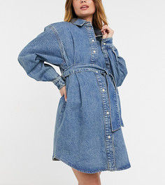 Синее джинсовое платье-рубашка с поясом в стиле oversized из органического хлопка ASOS DESIGN Maternity-Голубой