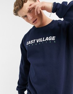 Темно-синий свитшот с принтом "East Village" New Look