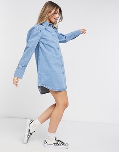 Джинсовое платье-рубашка с объемными рукавами ASOS DESIGN-Голубой