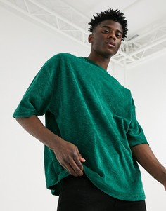 Велюровая футболка в стиле oversized выгоревшего зеленого цвета с рукавами до локтя ASOS DESIGN-Зеленый цвет