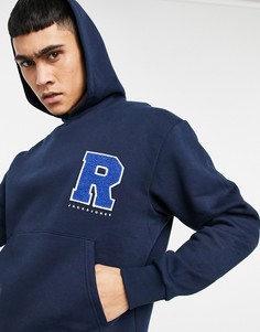 Худи в стиле oversized темно-синего цвета с логотипом на груди в университетском стиле Jack & Jones Originals-Темно-синий