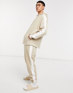 Бежевый спортивный костюм в стиле oversized с белыми полосками сбоку ASOS DESIGN