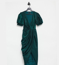 Фактурное платье миди с запахом, драпировкой и пышными рукавами ASOS DESIGN Tall-Зеленый цвет