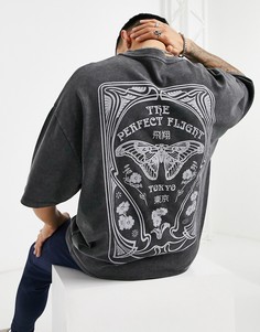 Темно-серая футболка в стиле oversized из плотного трикотажа с принтом бабочки на спине и текстовым принтом на груди ASOS DESIGN-Черный цвет