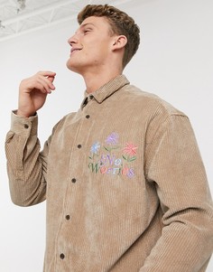 Светло-коричневая вельветовая рубашка в стиле 90-х с вышитой надписью ASOS DESIGN-Бежевый