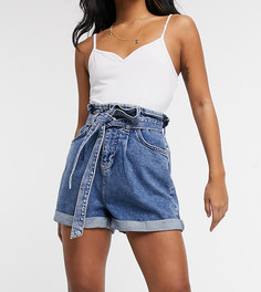 Синие джинсовые шорты с завышенной талией на поясе New Look Petite-Голубой