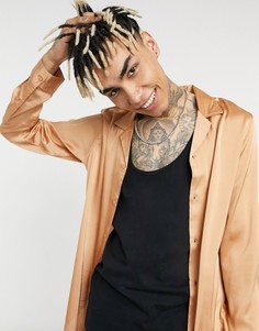 Светло-коричневая атласная рубашка с отложным воротником ASOS DESIGN-Коричневый цвет