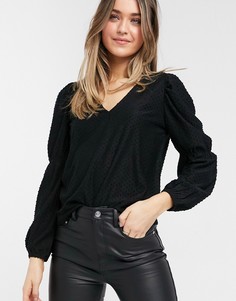 Черная блузка с длинными рукавами и V-образным вырезом Pieces-Черный цвет