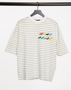 Серо-белая oversized-футболка в полоску с вышивкой на груди ASOS DESIGN-Многоцветный