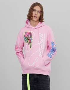 Розовый худи с графическим принтом на груди и спине Bershka
