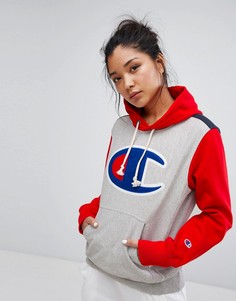 Худи в стиле колор блок с логотипом Champion-Серый