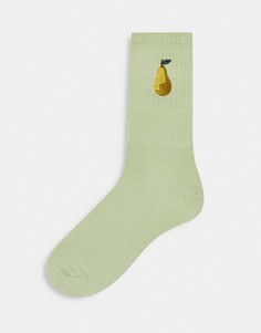 Зеленые носки из органического хлопка с вышитой грушей Monki Lucy-Зеленый цвет