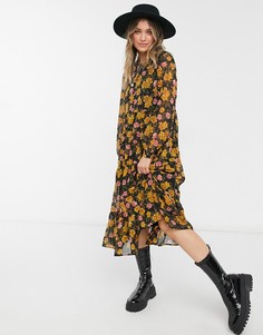 Черное шифоновое платье миди с присборенной юбкой и цветочным принтом горчичного цвета Pieces-Многоцветный
