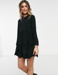 Черное ярусное платье мини свободного кроя с длинными рукавами ASOS DESIGN-Черный цвет